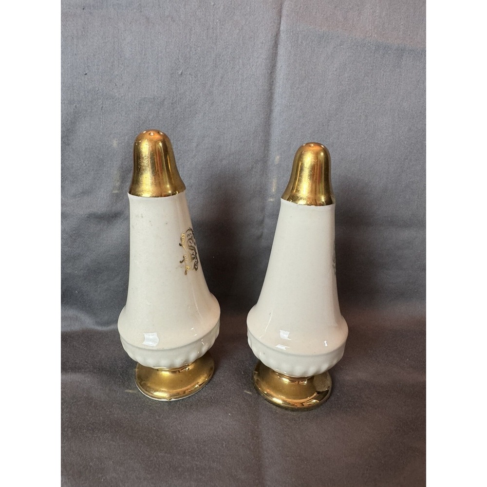 Vintage MCM Lusterware? Art Deco Salt Pepper Shakers Iridescent White Pearl Gold - Picture 4 of 6